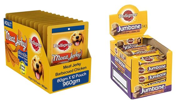 Pedigree Weekly Combo for Dog treats , Jumbone Chicken and Rice & Meat Jerky Stix Adult Dog Treats (Pack of 12 Each variant)